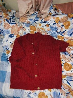 Chunky Knit Short-Sleeve Cardigan - Deep Red